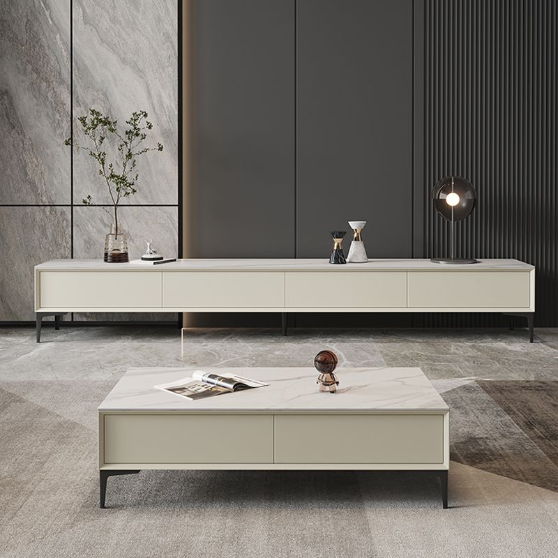 Consola de TV contemporánea, soporte de televisión blanca mate/ brillante con 4 cajones