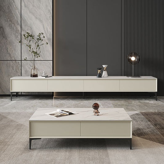 Console televisiva contemporanea, supporto TV bianco opaco/ lucido con 4 cassetti