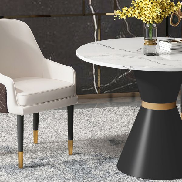 伝統的な豪華なダイニングテーブルラウンドホワイトトップの台座ダイニングテーブル