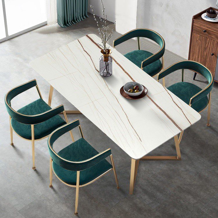 Mesa de comedor de lujo tradicional mesa rectángulo de piedra sinterizada con base de oro