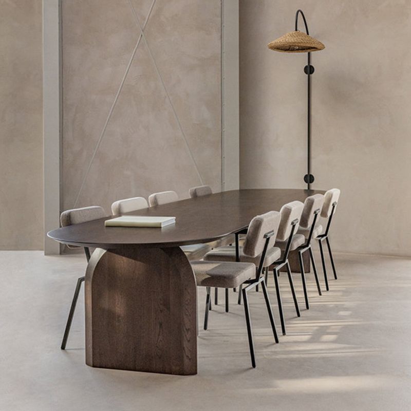 Mesa de madera maciza marrón con pedestal doble, mesa de cocina ovalada para comedor