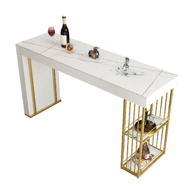 Rectangle Gold Marble and Wood Bar Living Room Pub Table with Double Pedestal