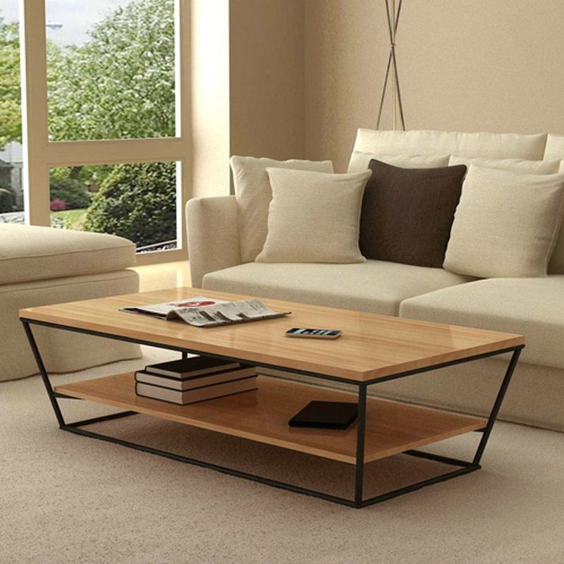 Mesa de centro de madera moderna de 19,68" de alto, mesa de cóctel con trineo de acero y estante