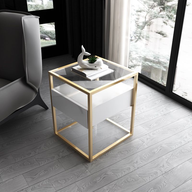 21.2" Tall Modern Rectangular Glass Top Side Table Iron Frame End Table with Storage