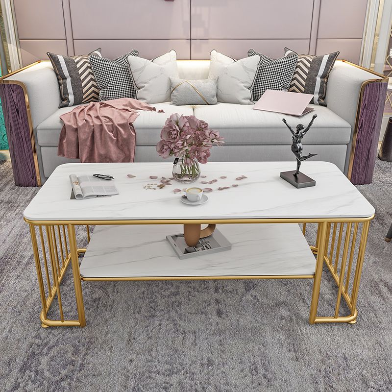 Glam Rectangle Coffee Table with Golden Frame Base and Storage Shelf