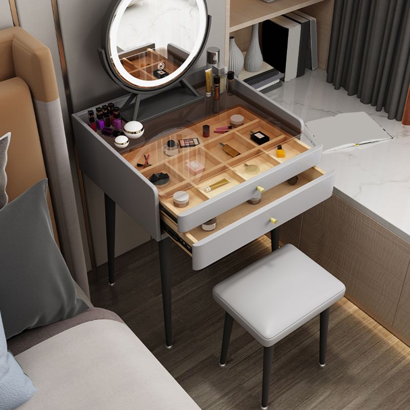 Modern Glass Top Makeup Vanity Table in Gray with Storage Drawers Clearhalo 'Bedroom Furniture' 'furn' 'furn_makeup_vanities' 'Furniture' 'Makeup Vanities' 'makeup_vanities' 1200x1200_64be3c7b-cbe0-48b5-99ca-c353a17aa753
