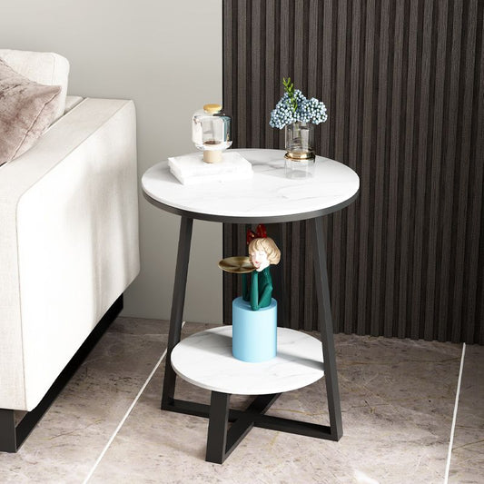 Tabella laterale superiore in ardesia rotonda 23.6 "tavolo da gambe a croce di ferro alto con scaffale