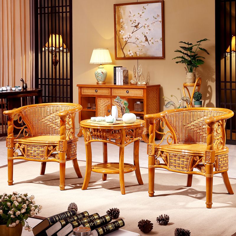 Traditional Dining Chair Rattan Solid Wood Base Arm Chair for Home Use