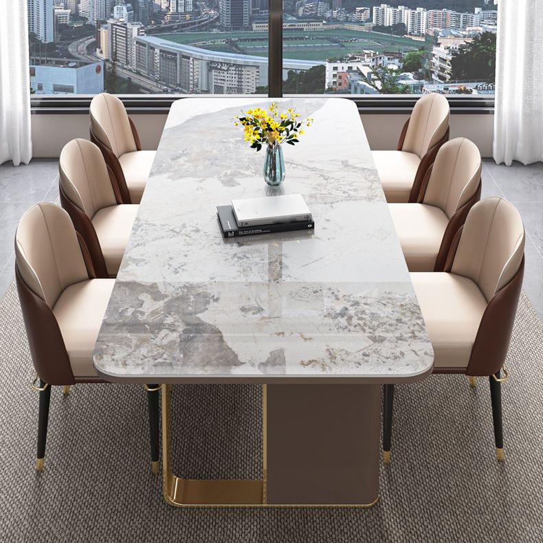 Modern Sintered Stone Table Set of 5/7 with Rectangle Table Dining Set with Gold Double Pedestal Clearhalo 'Dining Room Sets' 'Dining Tables & Seating' 'dining_room_set' 'furn' 'furn_dining_room_set' 'Furniture' 'furniture_dining_room_set' 'Kitchen & Dining Furniture' 'kitchen&dining_furn' 'kitchen' 1200x1200_655df61f-9c13-4c1b-9b7b-5ac4d717f9e9
