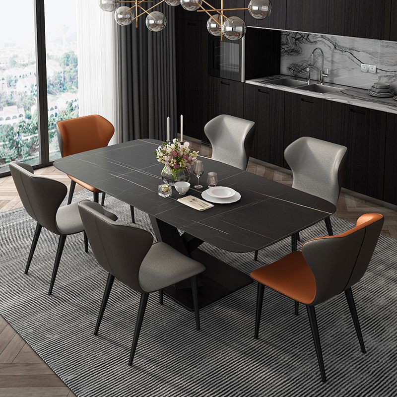 Mesa rectangular de estilo industrial, mesa de piedra sinterizada con patas de metal para cocina