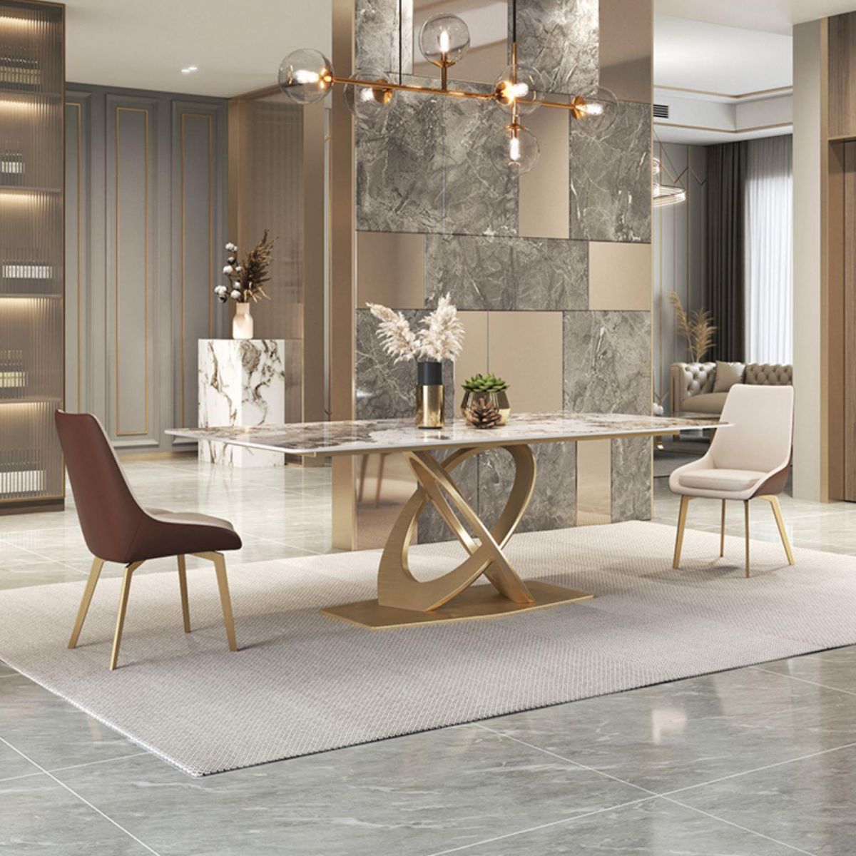 Set di tavoli da pranzo beige lucido 1/2/5/7 PC glam dinette con sedie in pelle