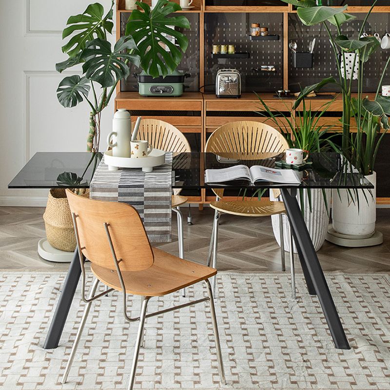 Tavolo da pranzo rettangolare in vetro rettangolare contemporaneo con gambe in acciaio