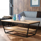 Mesa de centro de madera moderna de 19,68" de alto, mesa de cóctel con trineo de acero y estante
