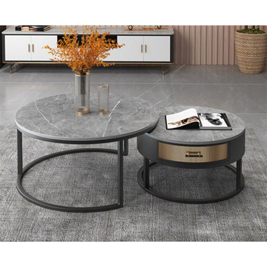 Frame Base Design Marble Metal Iron Black Base Round Coffee Table