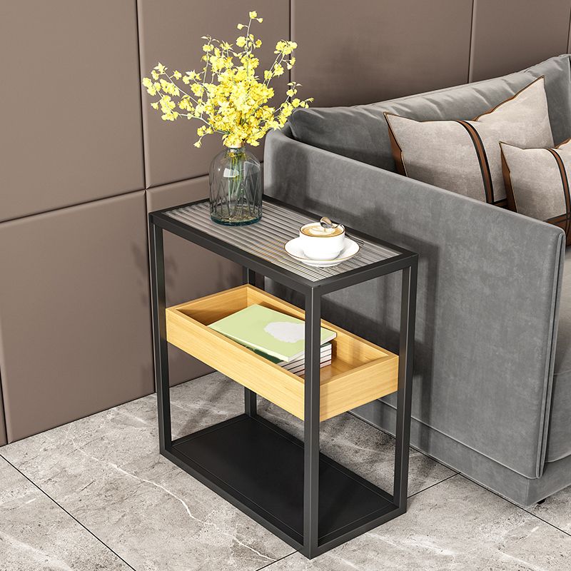 21.6" Tall Modern Rectangular Glass Top Side Table Iron Frame End Table with Shelves