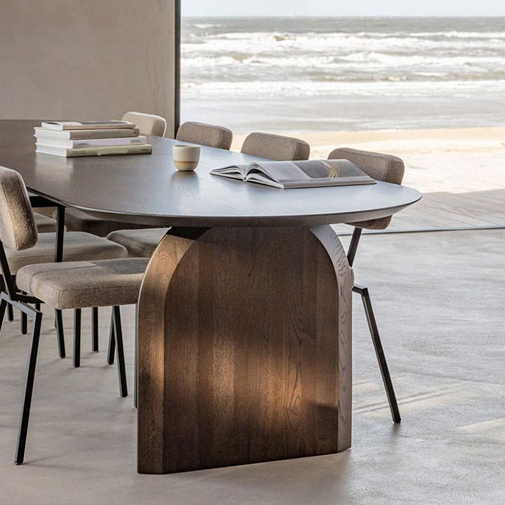 Dennen vaste houten eettafel moderne ovale eettafel met dubbele voetstuk