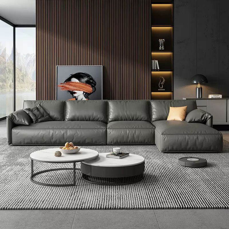 Echte lederen sectionals 70 "houtstationaire sectionals in zwart