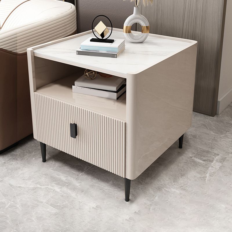 Modern Stone Top End Table 4 Legs Side Table with Drawer and Shelf