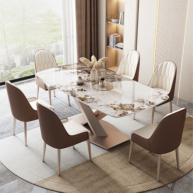 Traditional Luxury Dinner Table Rectangle Pedestal Table with Steel Base Clearhalo 'Dining Tables & Seating' 'Dining Tables' 'dining_table' 'furn' 'furn_dining_table' 'Furniture' 'Kitchen & Dining Furniture' 1200x1200_666f03dc-df10-40ee-905b-c9af41619eb0