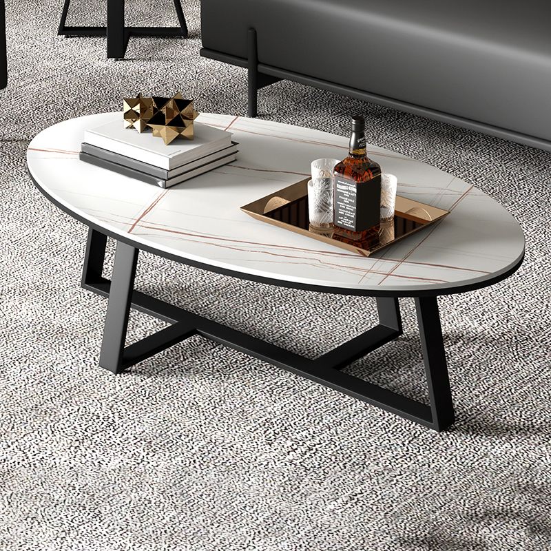 Glam Oval Top Coffee Table with Iron Cross Base and Stone Top Clearhalo 'Coffee & Accent Tables' 'Coffee Tables' 'coffee_tables' 'furn' 'furn_coffee_tables' 'Furniture' 'Living Room Furniture' 1200x1200_66a34d18-0af5-46cf-8eeb-0ac2cd541011