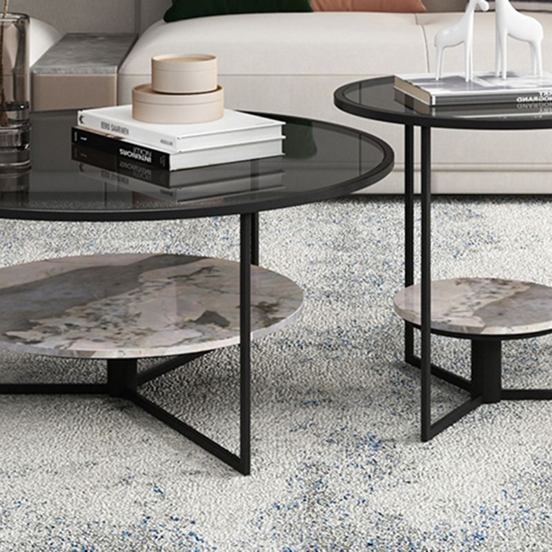 Contemporary Coffee Table Round Glass Top Cocktail Table with Storage Clearhalo 'Coffee & Accent Tables' 'Coffee Tables' 'coffee_tables' 'furn' 'furn_coffee_tables' 'Furniture' 'Living Room Furniture' 1200x1200_66ae76fc-e63b-441d-8b25-7b21c80ae181