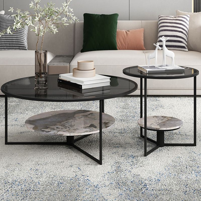 Contemporary Coffee Table Round Glass Top Cocktail Table with Storage Clearhalo 'Coffee & Accent Tables' 'Coffee Tables' 'coffee_tables' 'furn' 'furn_coffee_tables' 'Furniture' 'Living Room Furniture' 1200x1200_66c7d1e4-7867-469d-b5b4-297cdc66b9ed