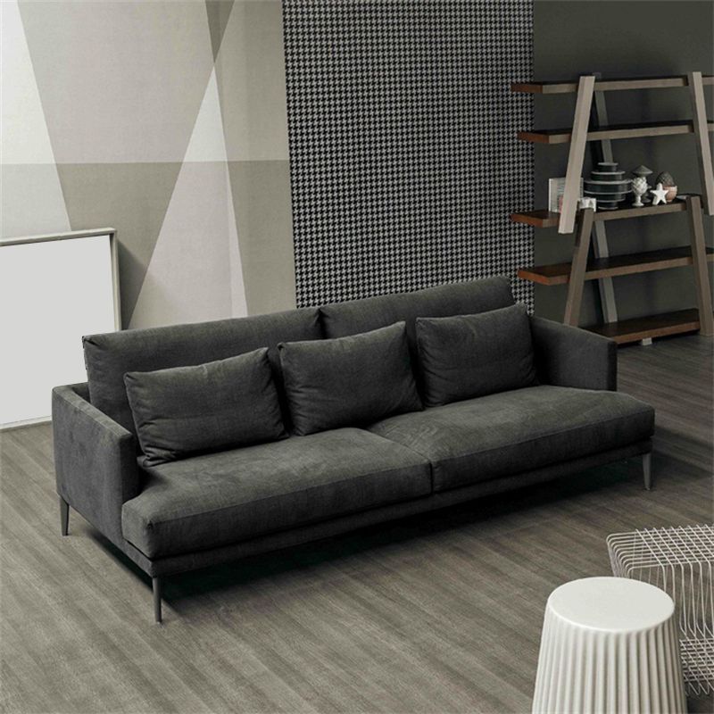 Black/White 3-seat Fabric Sofa Square Arm Sofa with Bolster Pillows