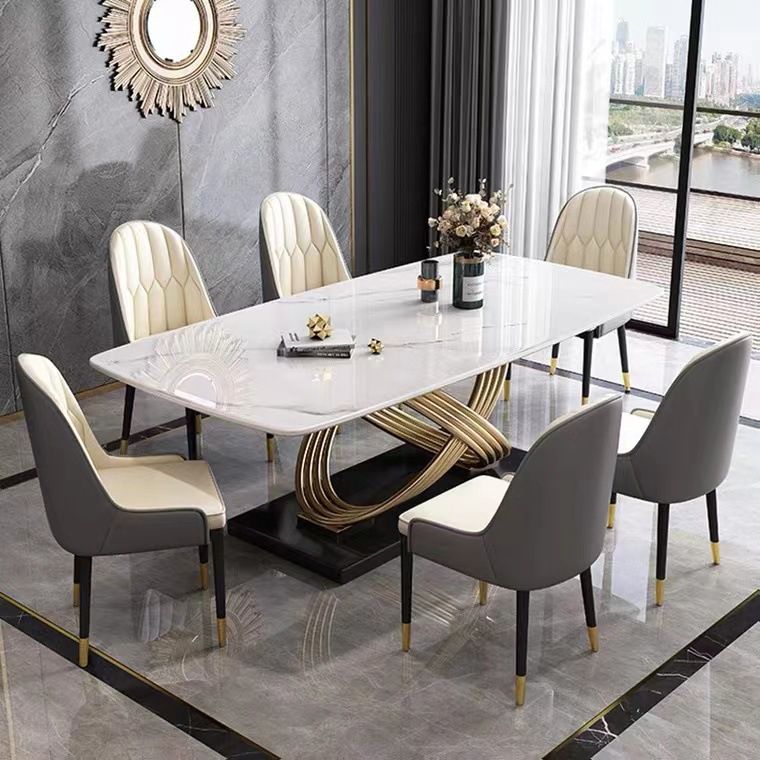 Mesa de comedor estilo Glam, mesa rectangular de piedra sinterizada con patas de metal para el hogar