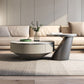 Table basse ronde sur piédestal en acier inoxydable avec dessus en ardoise gris/or