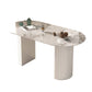 Mesa de comedor ovalada moderna, mesa de comedor de piedra con pedestal doble de hierro