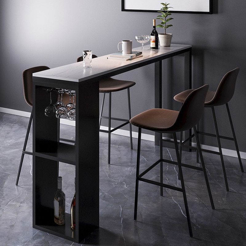 Mesa de bar de piedra sinterizada industrial, mesa de bar con base metálica rectangular, con almacenamiento