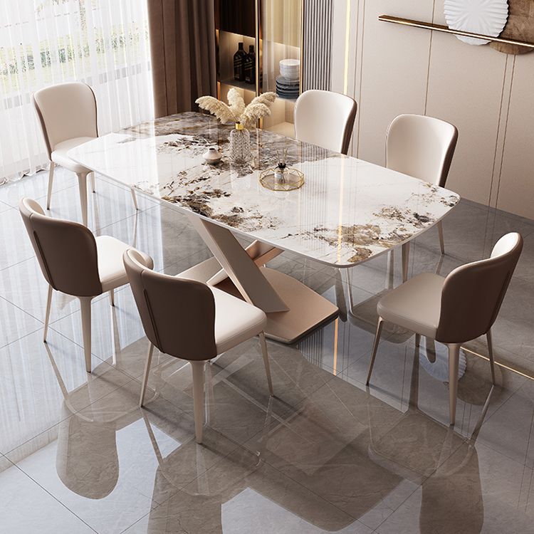 Rectangular Luxury White Stone Top Dining Table with Metal Pedestal Clearhalo 'Dining Tables & Seating' 'Dining Tables' 'dining_table' 'furn' 'furn_dining_table' 'Furniture' 'Kitchen & Dining Furniture' 1200x1200_674191d2-dc4b-4896-81a1-824f84faab70