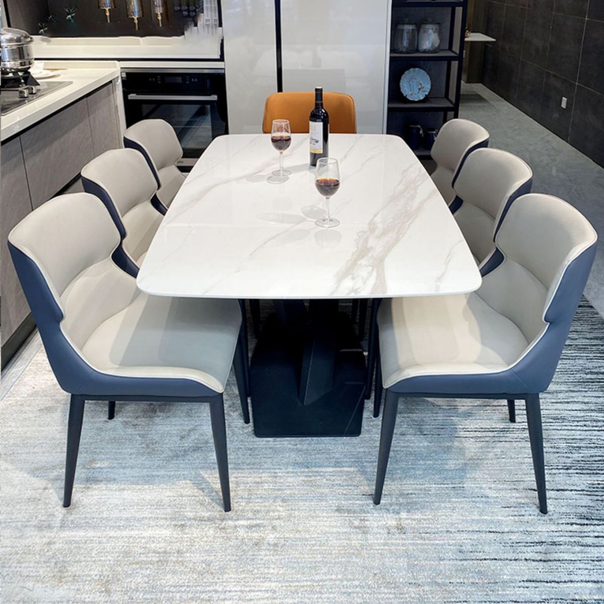 Rechthoek moderne stenen tafel standaard hoogte eettafel met voetstukbasis