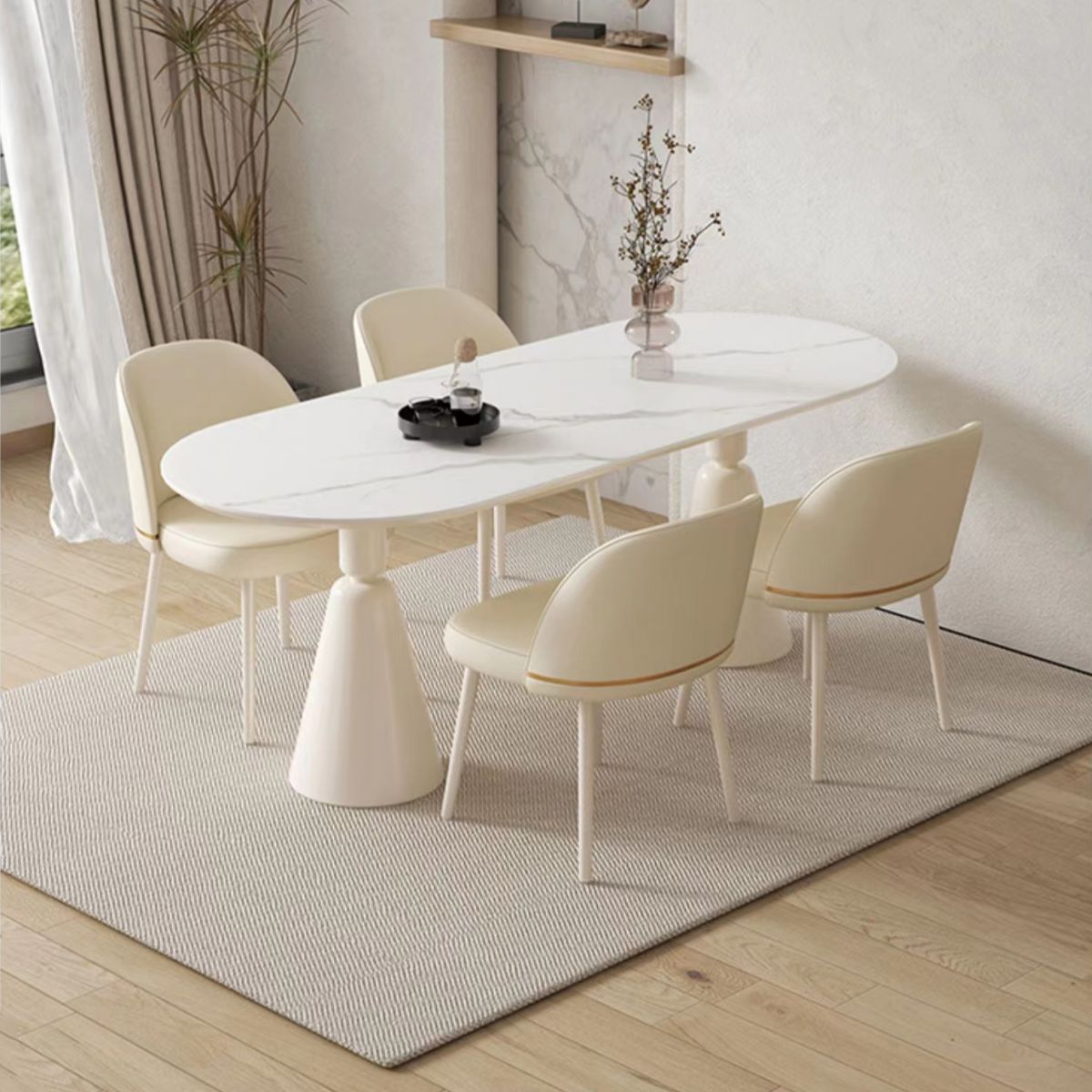 Contemporary Oval Stone Top Dining Table with White Steel Double Pedestal Base