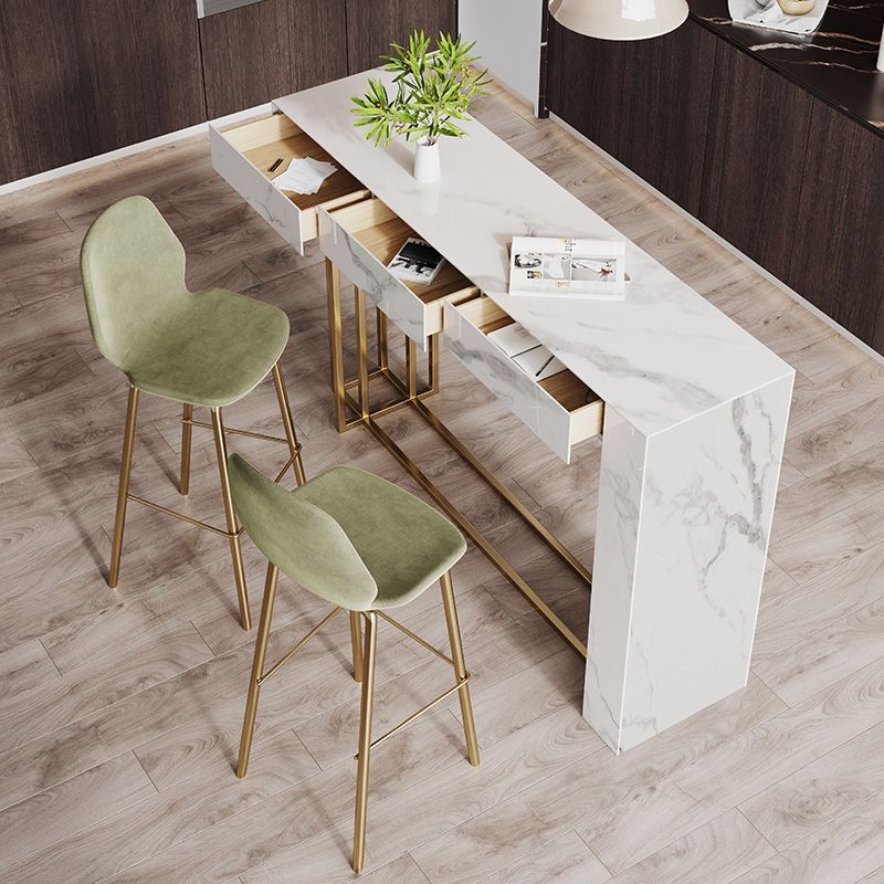 Mesa de mostrador de piedra sinterizada rectangular Glam de 1/2/3 piezas con taburetes altos en dorado