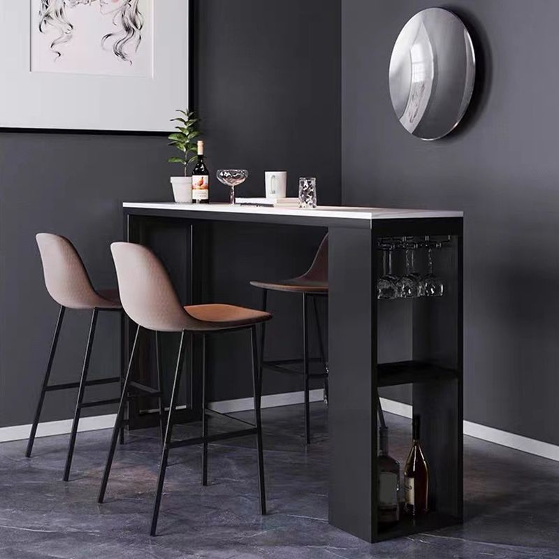 Mesa de bar de piedra sinterizada industrial, mesa de bar con base metálica rectangular, con almacenamiento