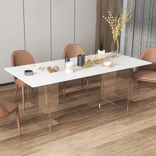 Minimalist Rectangle Shape White Dining Set Sintered Stone Kitchen Dining Set with Double Pedestal Clearhalo 'Dining Room Sets' 'Dining Tables & Seating' 'dining_room_set' 'furn' 'furn_dining_room_set' 'Furniture' 'furniture_dining_room_set' 'Kitchen & Dining Furniture' 'kitchen&dining_furn' 'kitchen' 1200x1200_6760e07e-4509-4dcd-a53c-9db1ec69cab7