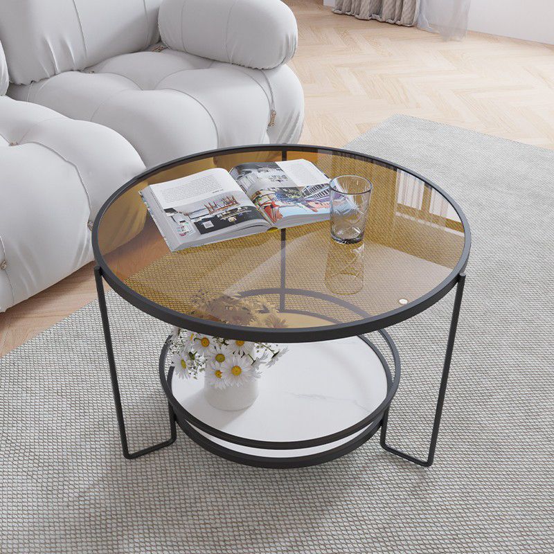 Round Cocktail Table Glass Top Single Coffee Table with Shelf Clearhalo 'Coffee & Accent Tables' 'Coffee Tables' 'coffee_tables' 'furn' 'furn_coffee_tables' 'Furniture' 'Living Room Furniture' 1200x1200_677ce206-fc19-4cdb-b244-701de14cbb11