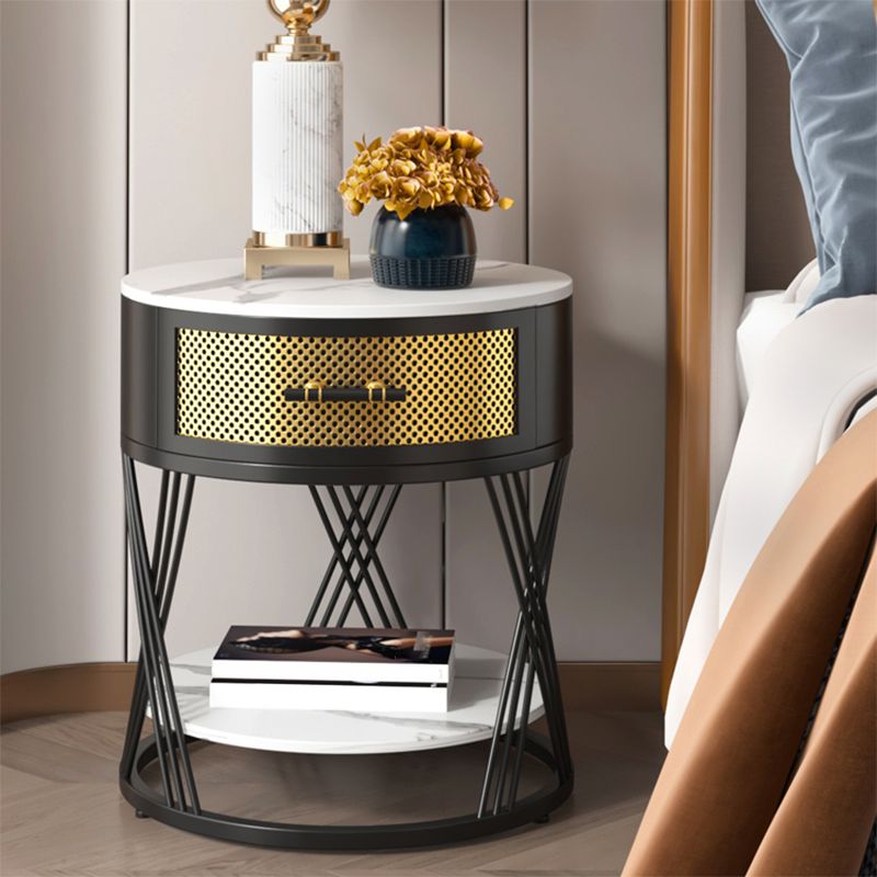 Glam Stone Top Night Table Open Rangement 1 Drawer Met-Legs inclus la table de chevet