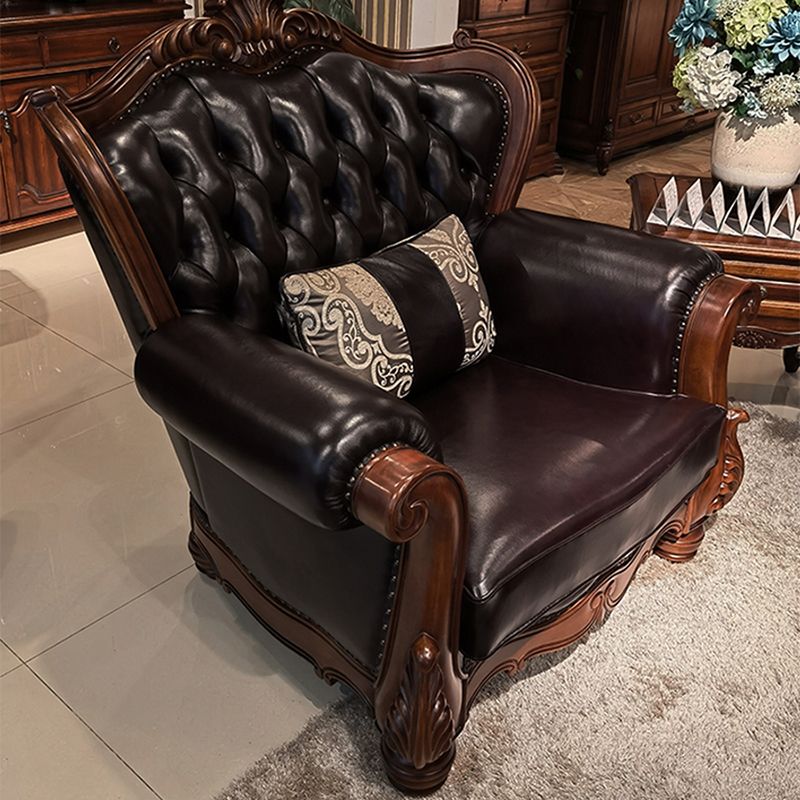 Solid Wood Genuine Leather Brown Rolled Arm Sofa with Tufted Back