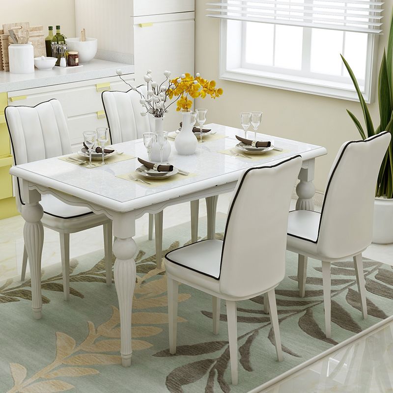 Moderno tavolo da pranzo in vetro rettangolare bianco con gambe in legno massiccio
