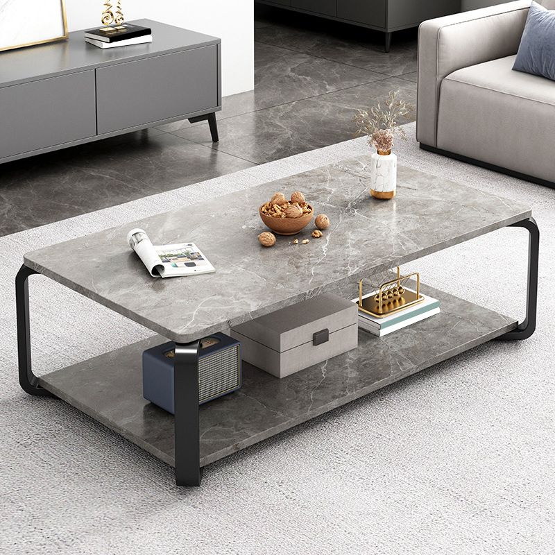 Glam Frame Coffee Table Slate Rectangular Cocktail Table with Storage Shelf