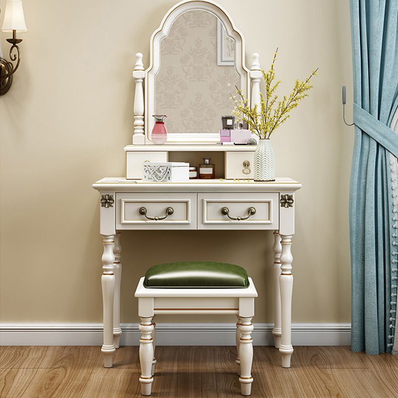 Scrivania di vanità a specchio avorio con 4 cassetti in legno vittoriano