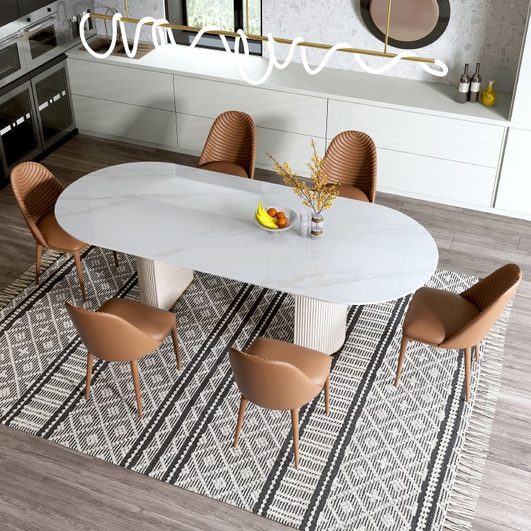Oval Double Pedestal Glam Dining Table White Tone Fixed Table with Sintered Stone Clearhalo ' dining_table' 'Dining Tables & Seating' 'Dining Tables' 'furn' 'furn_dining_table' 'Furniture' 'furniture_dining_table' 'Kitchen & Dining Furniture' 'kitchen&dining_furn' 'kitchen' 'kitchen_dining_table' 1200x1200_67ea2d52-11a3-4f1d-8f08-1821fc150f09