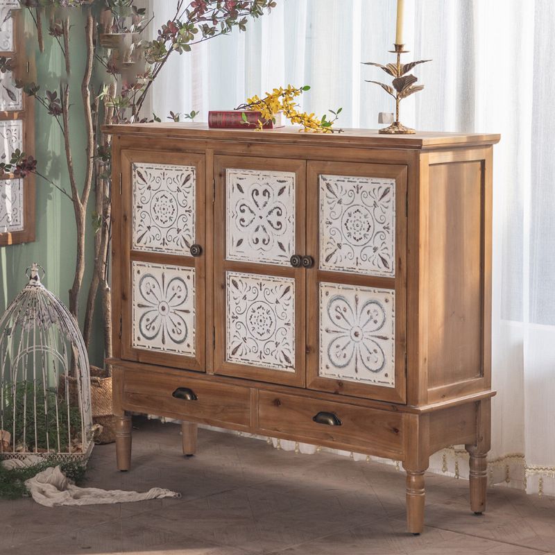 Armoire à accent industriel en nature naturelle avec une porte et des tiroirs en bois massif