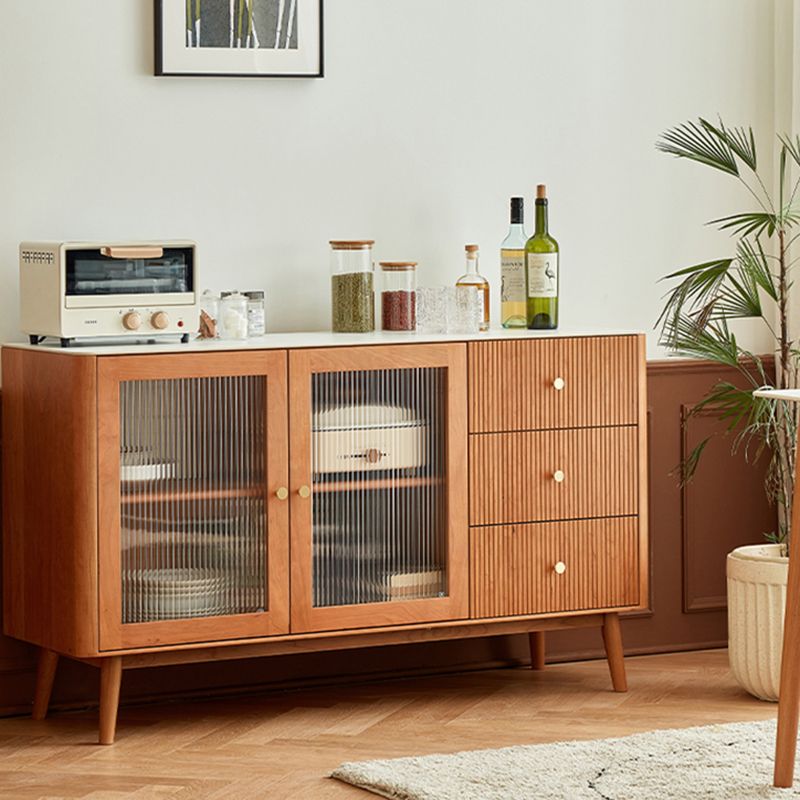 Stone Top Sideboard Modern Cherry Wood with Glass Door in Teak Clearhalo 'buffet_sideboard' 'Buffets & Sideboards' 'furn' 'furn_buffet_sideboard' 'Furniture' 'Kitchen & Dining Furniture' 1200x1200_68293b17-3675-4a0a-8933-19afe304b3c8