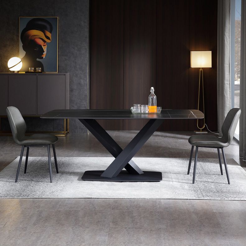 Black Sintered Stone Top Rectangle Dining Table Industrial Kitchen Table with Pedestal Base Clearhalo ' dining_table' 'Dining Tables & Seating' 'Dining Tables' 'furn' 'furn_dining_table' 'Furniture' 'furniture_dining_table' 'Kitchen & Dining Furniture' 'kitchen&dining_furn' 'kitchen' 'kitchen_dining_table' 1200x1200_6831e34f-4af2-472b-8ed5-b51c4a114117