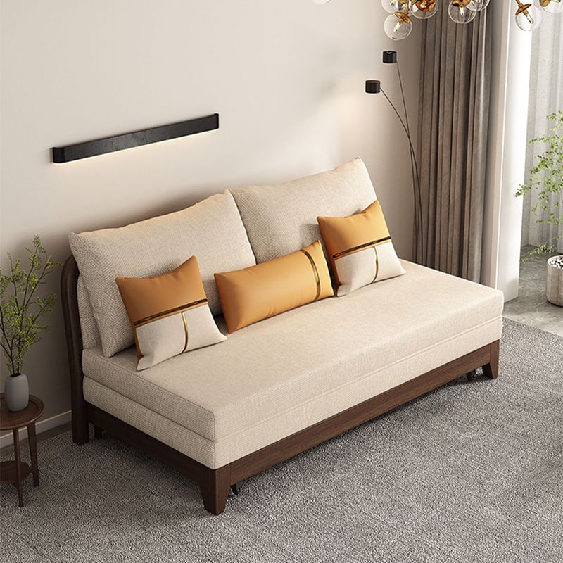 Linen Armless Sofa Bed with Pillow Back Solid Wood Sofa Bed in Beige