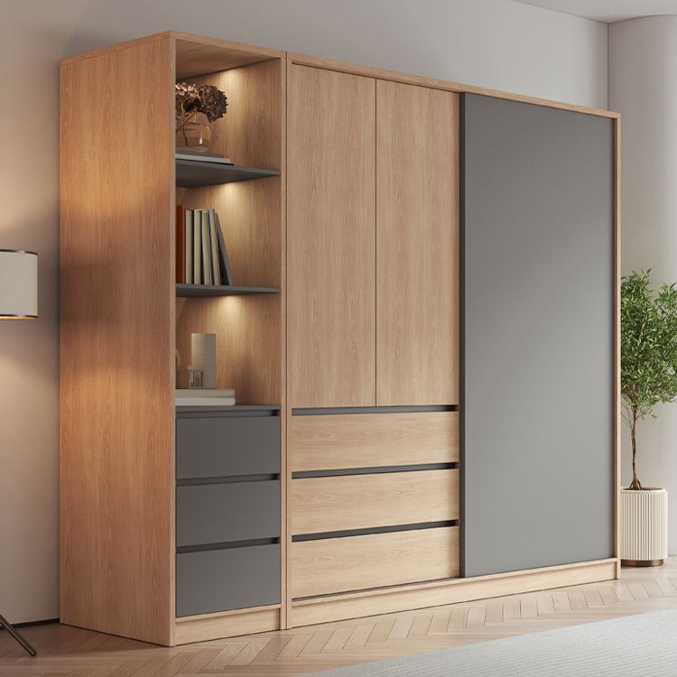 Bedroom Sliding Door Storage Cabinet Light Wood Finish Modern Cabinet with Drawers Clearhalo 'Armoires & Wardrobes' 'armoires_wardrobes' 'Bedroom Furniture' 'furn' 'furn_armoires_wardrobes' 'Furniture' 1200x1200_684725e5-2b3b-4762-be89-d7ab5b845c5c