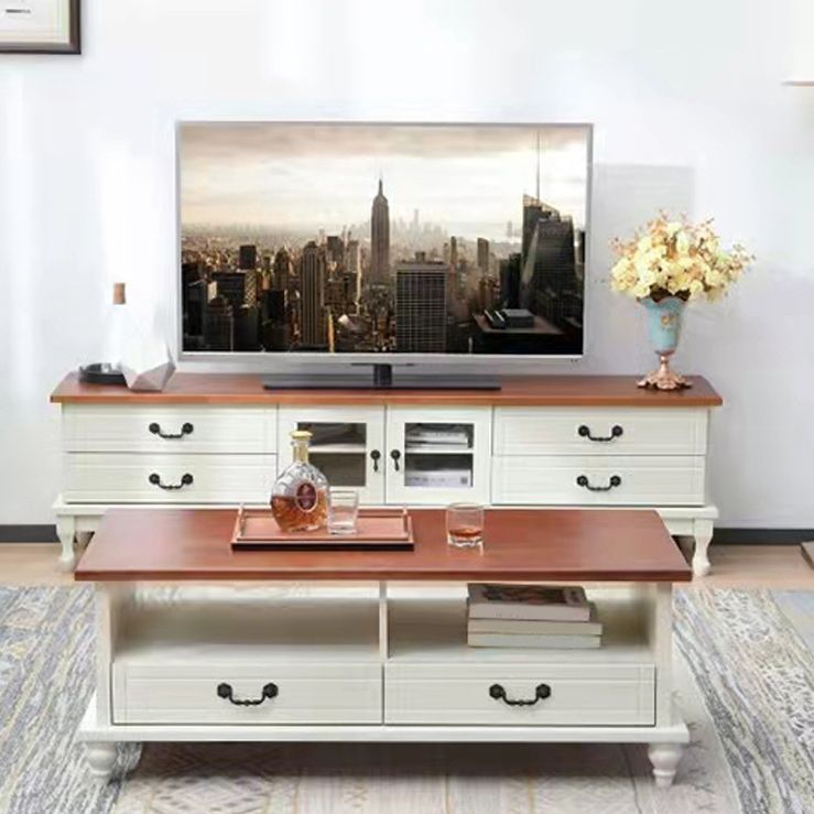 Traditioneel massief houten tv-meubel, 19,7 inch H tv-console met 4 lades en kast